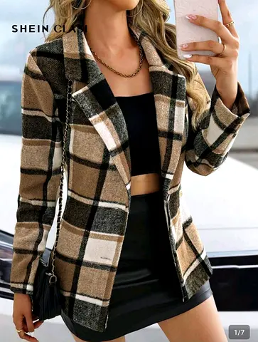 Checked Blazer Jacket - Beige  Black, Size M (New)
