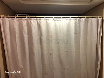 White fabric shower curtain with hooks - good condition