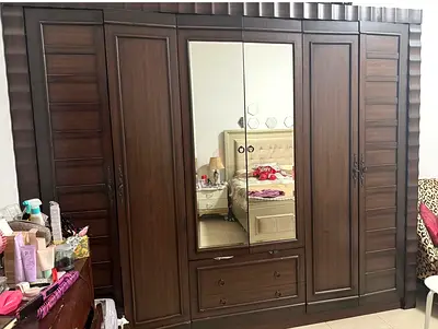 Large Dark Wood Wardrobe with Mirror - 6 Doors + Drawers