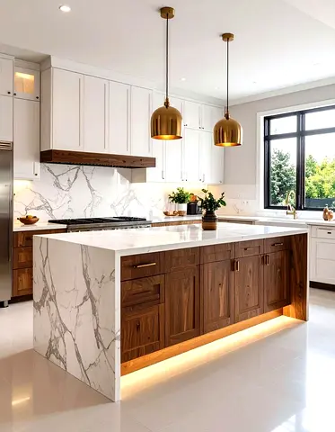 Modern Kitchen Island with Marble Finish and Wooden Cabinets