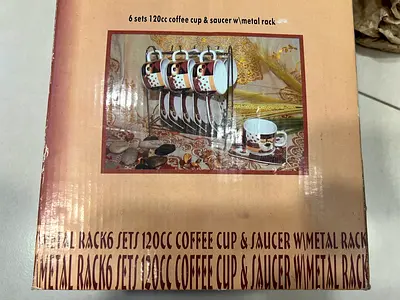 6-piece 120cc Coffee Cup  Saucer Set with Metal Rack (New in Box)