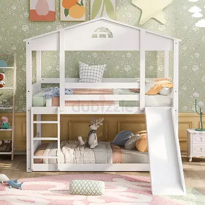 White House-Style Bunk Bed with Slide for Kids