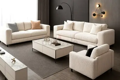Cream Corduroy 3-Piece Sofa Set (2-3 Seater + Armchair) - Modern