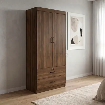 Wooden 2-Door Wardrobe with 2 Drawers - Walnut Finish