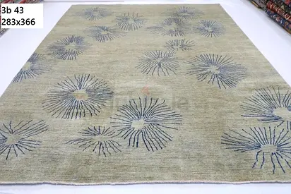 2.8x3.7m Handmade Modern Abstract Afghan area Wool Rug with Blue Burst Motif - Large