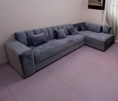 Large L-shaped Grey Fabric Sofa with Cushions - Good Condition