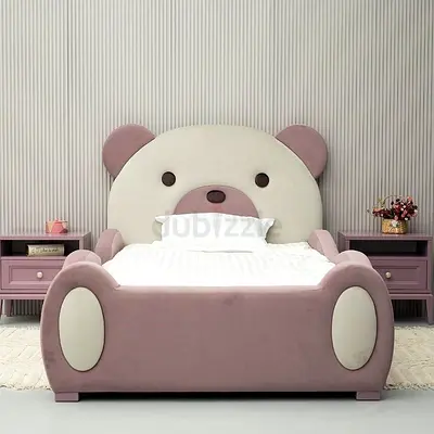 Cute Bear-Shaped Kids Bed – Upholstered Single Bed in Pink  Cream