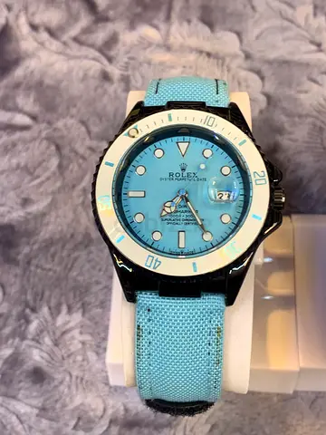 Rolex Light Blue Dial Mens Copy Watch with Fabric Strap