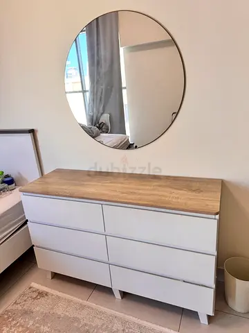 Modern 6-Drawer Dresser with Wood Top and White Drawers with mirror
