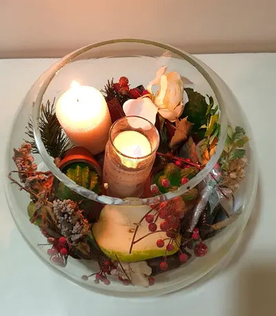 Glass Bowl Candle Centerpiece with Decorative Flowers