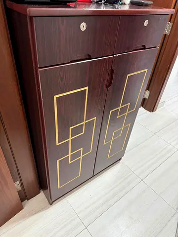 Wooden Shoe Cabinet / Storage Cupboard - Dark Brown with Gold Inlay