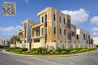 Corner villa in Al Bahia, two floors, roof, swimming pool, 5 bedrooms, majlis, and living room. Direct from the owner. Personalized finishing. Located