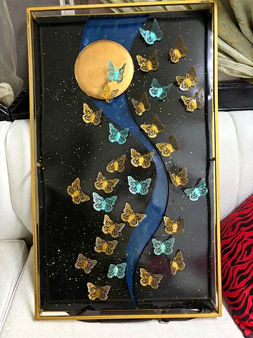 Framed Metal Butterfly Wall Art with Gold Moon - Decorative Piece