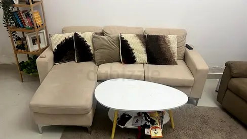 Beige L-shaped 3-seater Sofa with Chaise and Coffee Table - Good Condition