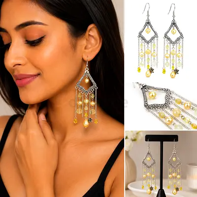 Handmade Boho Silver-Tone Chandelier Earrings with Yellow Beads