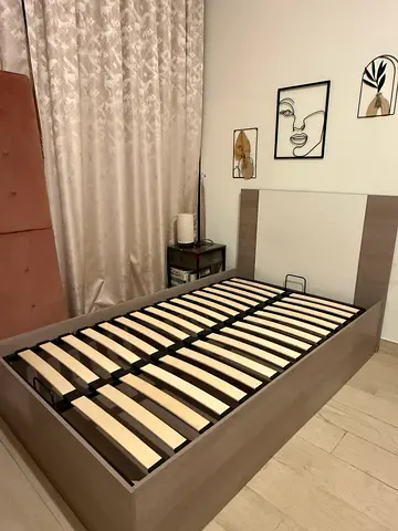 Double size (120x200) wooden bed frame with hydraulic storage base