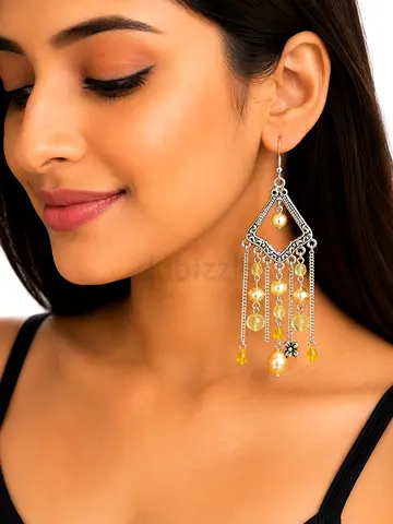 Handmade Boho Silver-Tone Chandelier Earrings with Yellow Beads