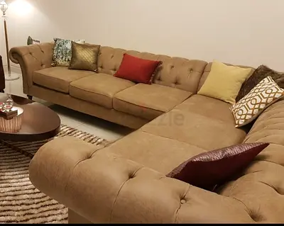 Sofa : L Shaped 6 seated : Beige Brown (2 pieces connected)