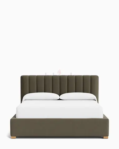 Upholstered Queen Bed Frame with Padded Channel Headboard - Olive Green