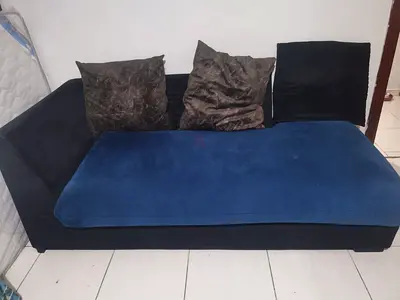 L Shape Sofa / Daybed in Dark Blue  Black - Good Condition
