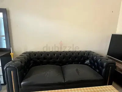 Black Tufted Leather 3-Seater Sofa - Good Used Condition