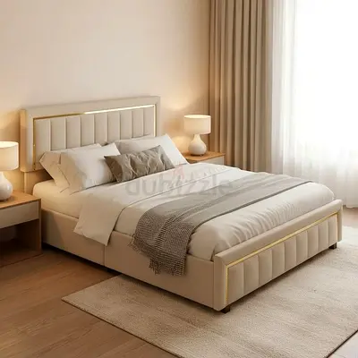 Modern upholstered queen bed with padded headboard and footboard
