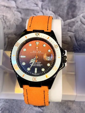 Rolex-style men’s Copy wristwatch with orange fabric strap