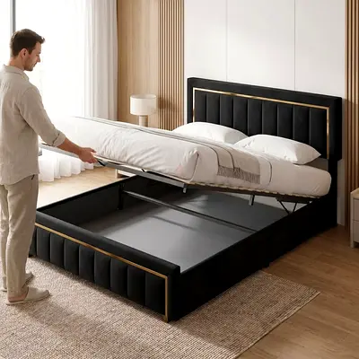 Queen Sized Hydraulic Storage Bed with Upholstered Headboard