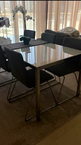Glass Top Dining Table with 6 Grey Fabric Chairs - Modern Set