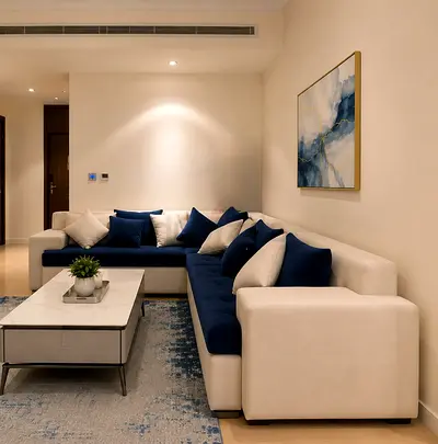 L-shaped Modern Fabric Corner Sofa - Beige with Navy Cushions