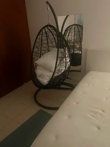 Black Rattan Hanging Egg Chair with Cushion - Good Condition