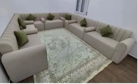 Large U-Shaped Upholstered Sofa Set in Beige (7+ Seats) with Cushions
