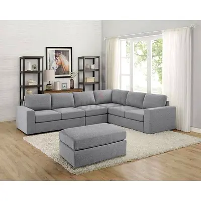 Large Light Grey Fabric L-Shaped Sectional Sofa with Ottoman