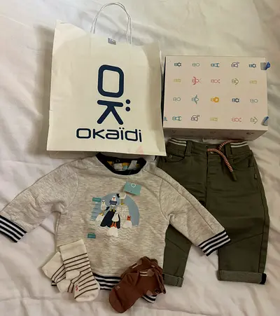 Never used Okaidi baby boy outfit set - jumper, trousers  socks (Size: 6 months)