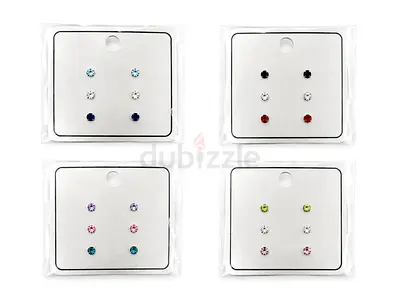 Set of Three Small Stud Earrings — Gold Tone with Clear and Red Stones