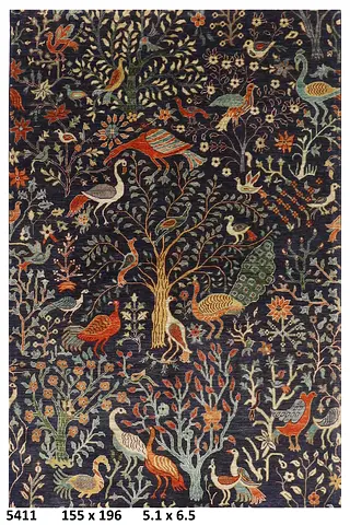 Afghan wool Handmade Dark Blue Floral  Bird Oriental Rug - 155 x 196 cm