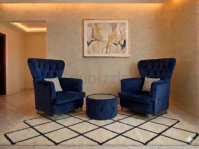 Urgent sale- Pair of Royal Blue velvet arm king chairs, small round table, seat covers are removable