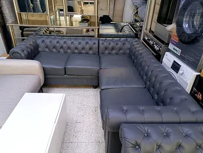 Large Grey Chesterfield L-Shaped Sofa Pu Leather
