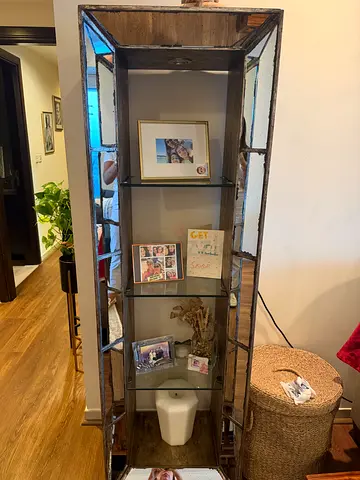 Rustic Mirrored Glass Display Cabinet - Tall Narrow Shelves
