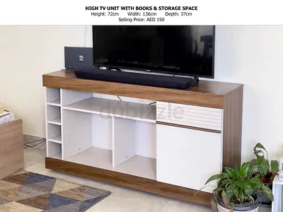 HIGH TV UNIT EITH BOOKS, BOTTLES  STORAGE SPACE