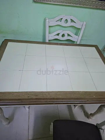 Wooden Frame Dining Table with White Tiled Top , 4 chairs wood and upholstery - Good Condition
