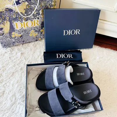 DIOR NAVY BLUE FABRIC LEATHER COMFORTABLE SLIDE SANDAL