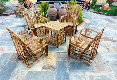 Handmade Rattan Outdoor Seating Set - 6 Chairs + Table