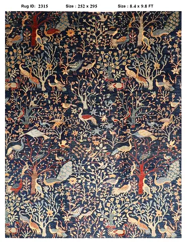2.5x3m BIRDS Handmade Afghan Large Wool Rug with Bird  Tree Motif (8.4 x 9.8 ft) color veg dye