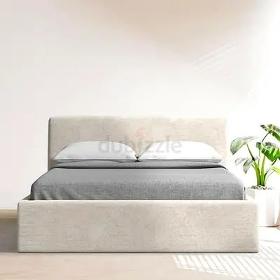 Upholstered Double Bed Frame with Headboard - Light Beige