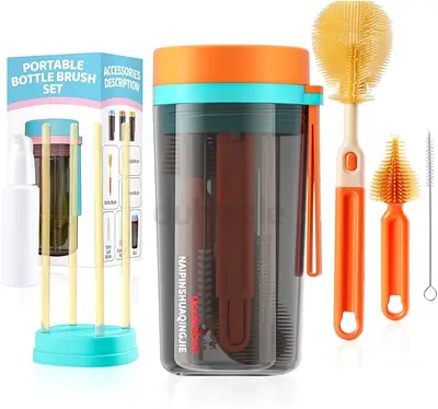 Travel Baby Bottle Brush Set with Bottle Nipple  Straw Brushes Soap Dispenser  Storage Box