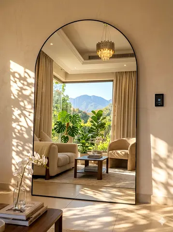 Large Arched Full-Length Wall Mirror with Thin Black Frame