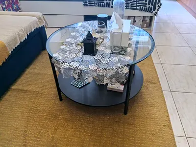 Round Glass Top Coffee Table with Lower Shelf - Black Frame