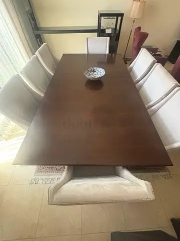 Solid Wood Dining Table with 8 Upholstered Chairs