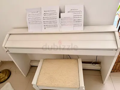White Digital Piano / Keyboard with Bench - Compact Upright Style